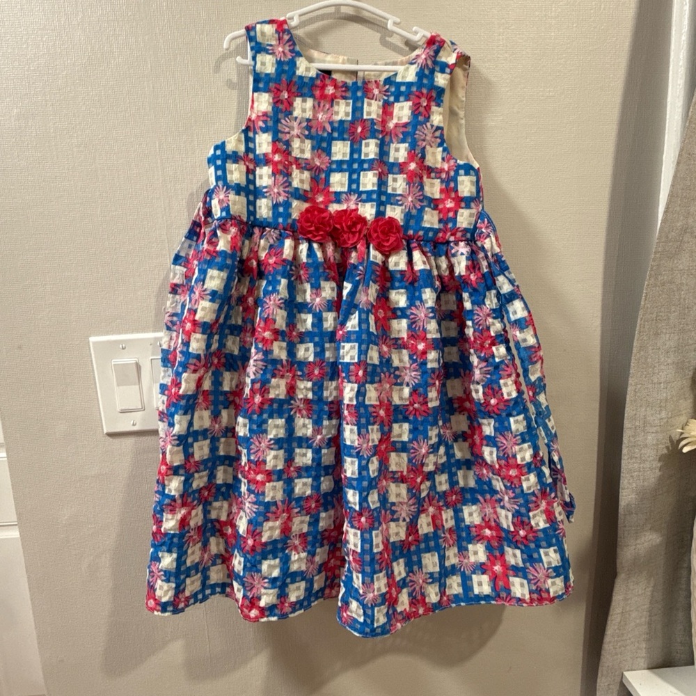 Blue & Pink Floral Plaid Girl's Dress with Red Rosette Waist